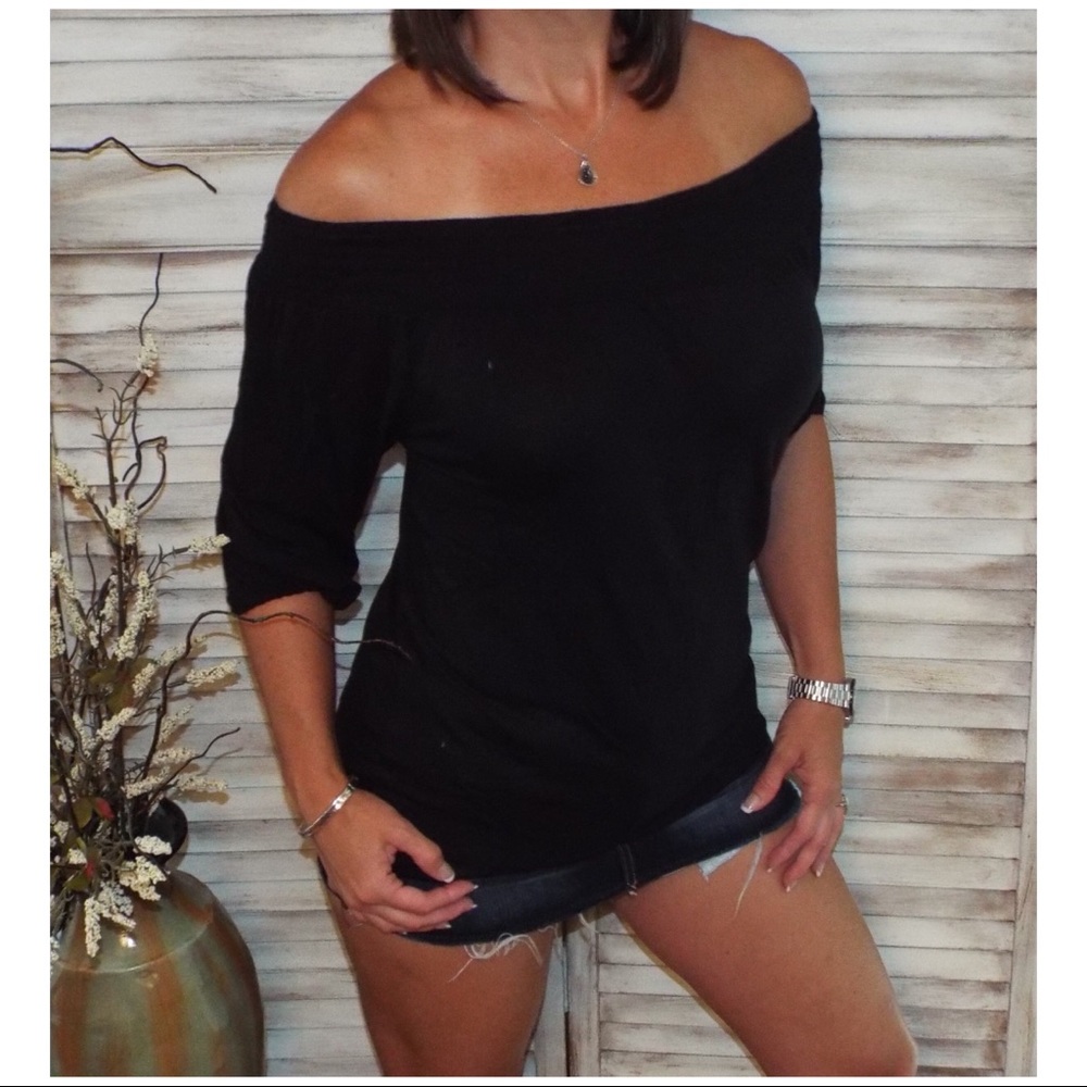 Smocked Off Shoulder Floaty 3/4 Sleeve Black 1318